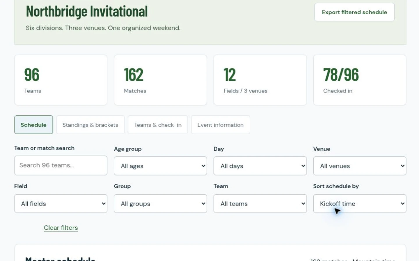 Tournament example showing schedules, divisions and matches