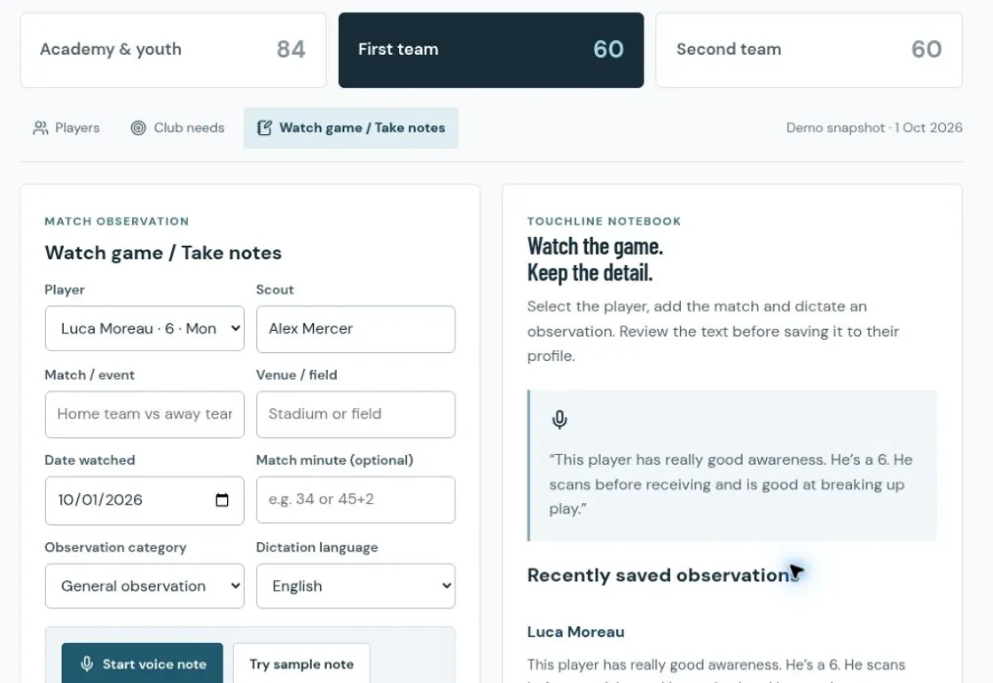 Public scouting notebook with fields for a player observation, match context and scout notes
